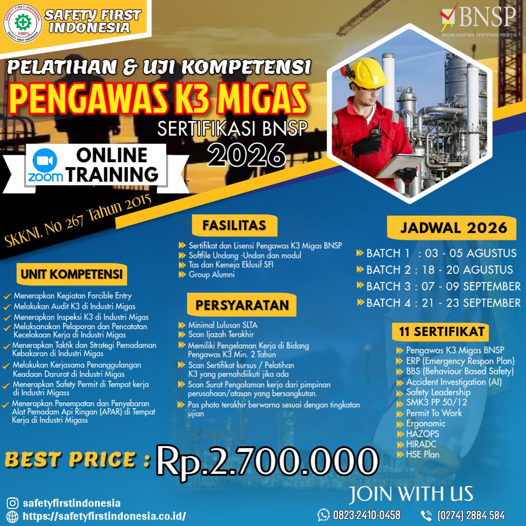 Pelatihan dan Uji Kompetensi Pengawas K3 Migas tahun 2026 Online