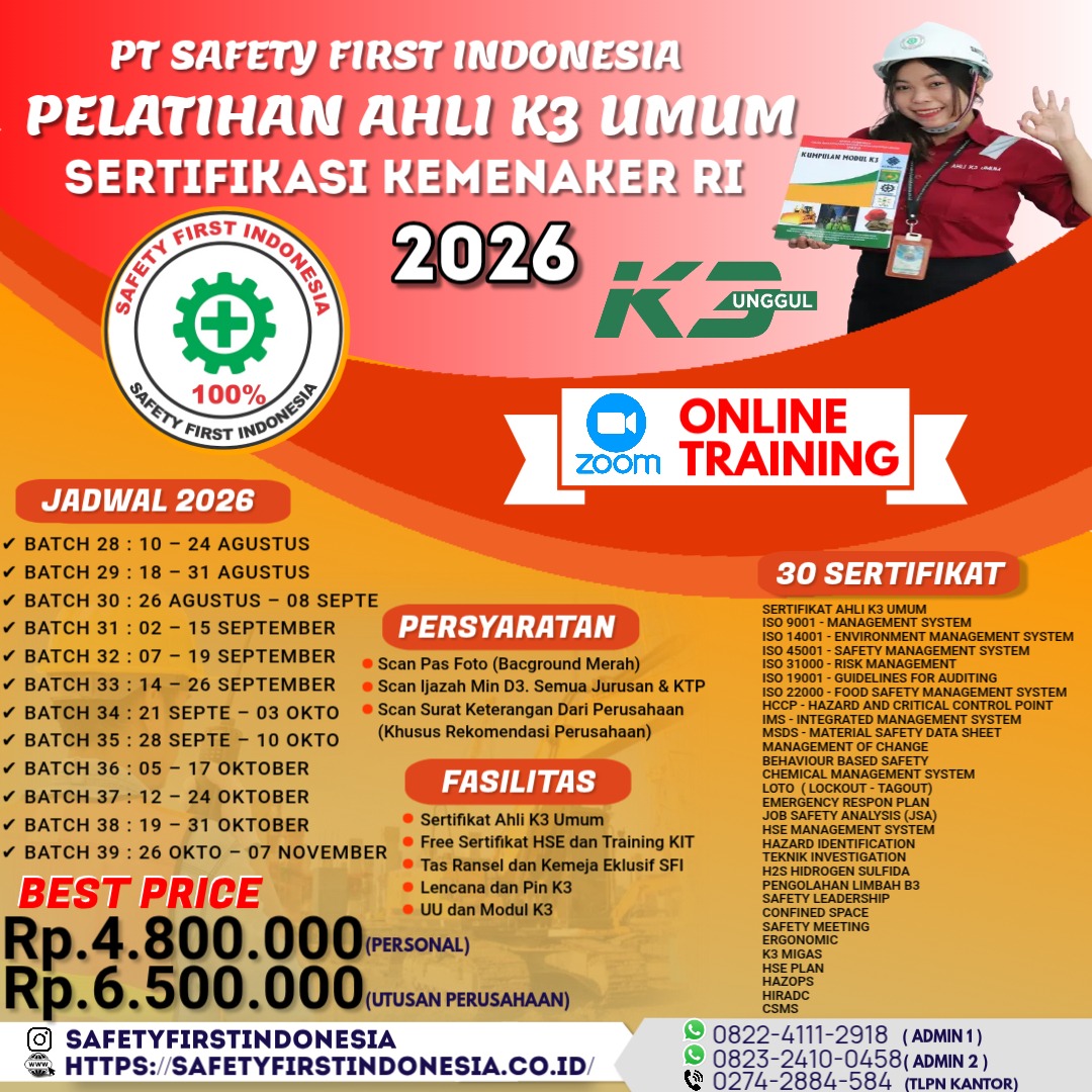 Sertifikasi Kemnaker RI Ahli K3 Umum 2026 ONLINE zoom 30 Sertifikat