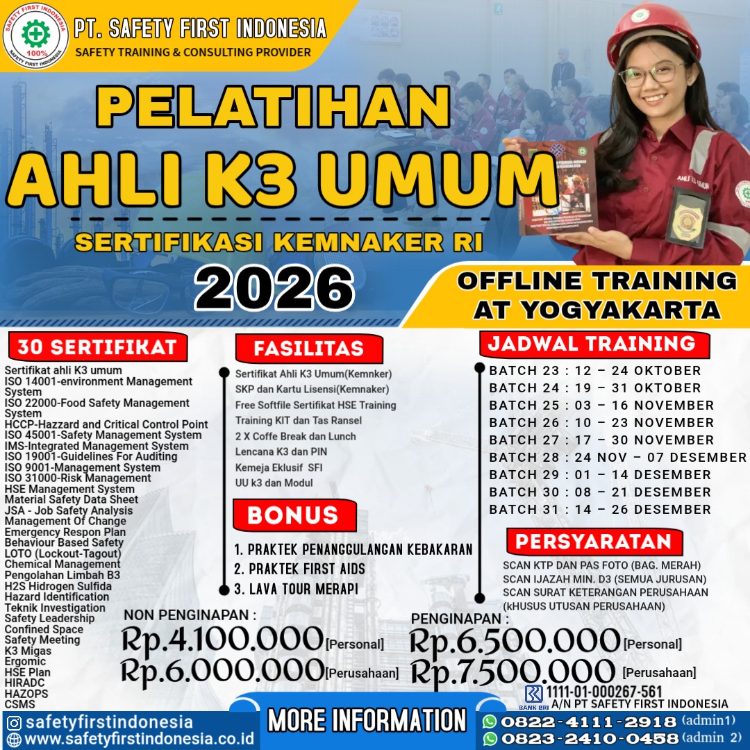 Pelatihan Ahli K3 Umum Sertifikasi Kemnaker RI Offline di Yogyakarta - 30 Sertifikat