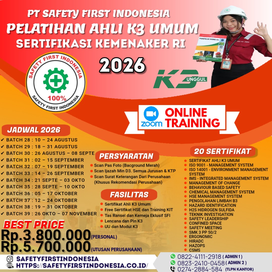 Sertifikasi Kemnaker RI Ahli K3 Umum 2026 ONLINE zoom 20 Sertifikat