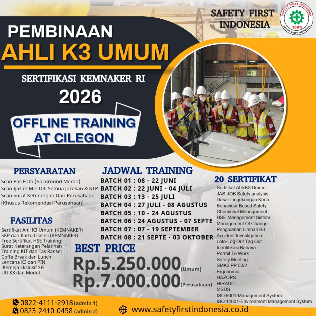 Jadwal Pelatihan Offline Ahli k3 Umum 2026 Cilegon  Juni - September
