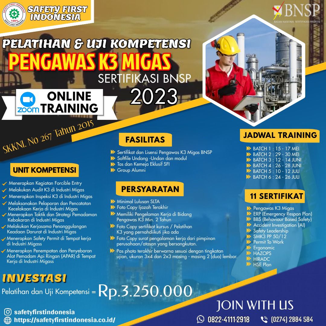 INFO ONLINE TRAINING PENGAWAS K3 MIGAS SERTIFIKASI BNSP 2023
