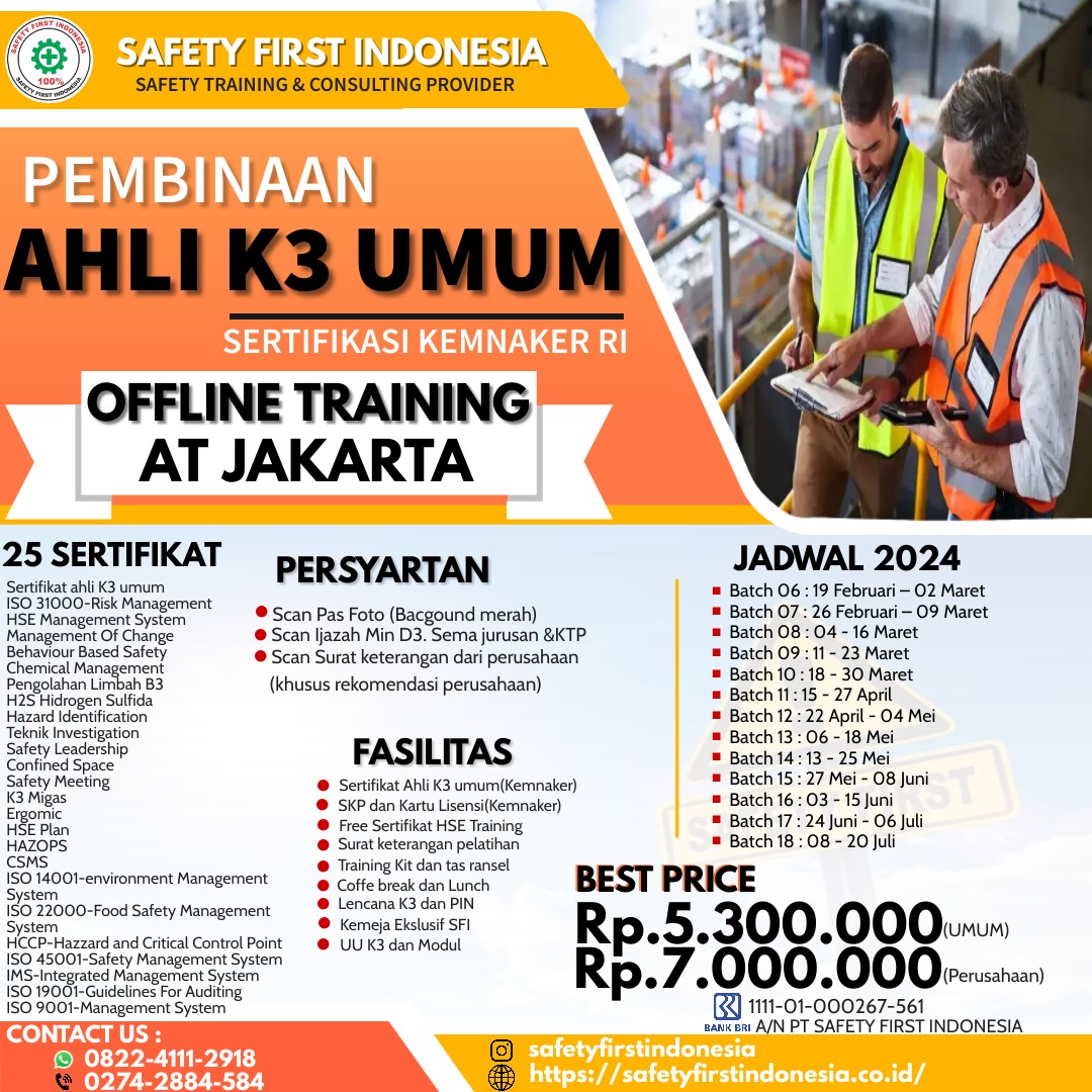 Jadwal Pelatihan Offline Ahli K3 umum 2024 Jakarta