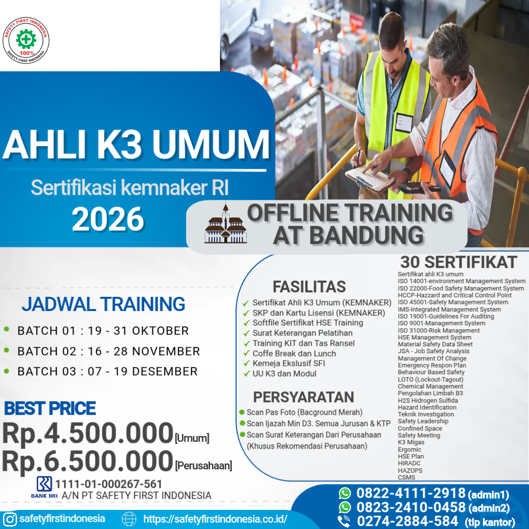 Pelatihan Ahli K3 Umum Sertifikasi Kemnaker RI Offline di Bandung - 30 Sertifikat