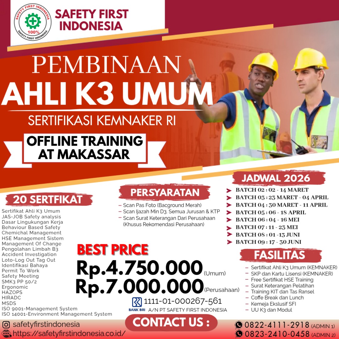 Jadwal Pelatihan Offline Ahli k3 Umum 2026 Makasar Maret - Juni